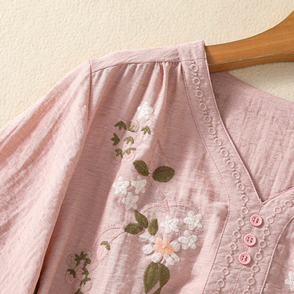 Buddha Stones Embroidery Flowers Leaves Cotton Women's V-neck Shirt