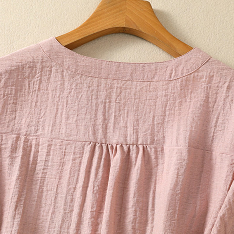 Buddha Stones Embroidery Flowers Leaves Cotton Women's V-neck Shirt