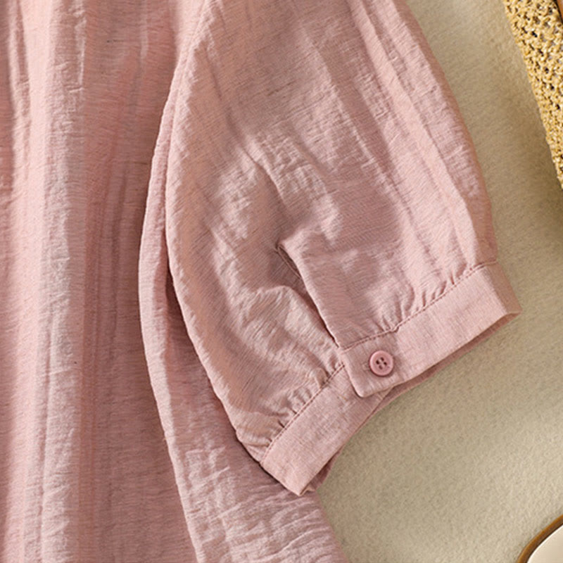 Buddha Stones Embroidery Flowers Leaves Cotton Women's V-neck Shirt