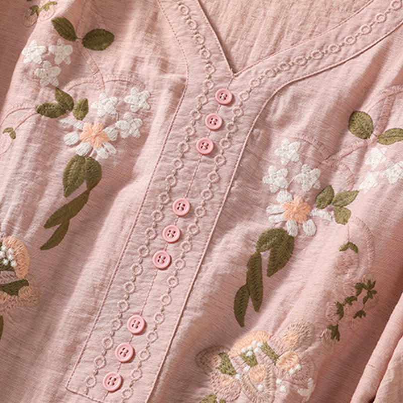 Buddha Stones Embroidery Flowers Leaves Cotton Women's V-neck Shirt