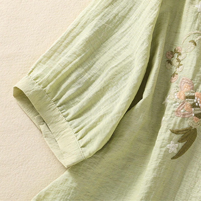 Buddha Stones Embroidery Flowers Leaves Cotton Women's V-neck Shirt