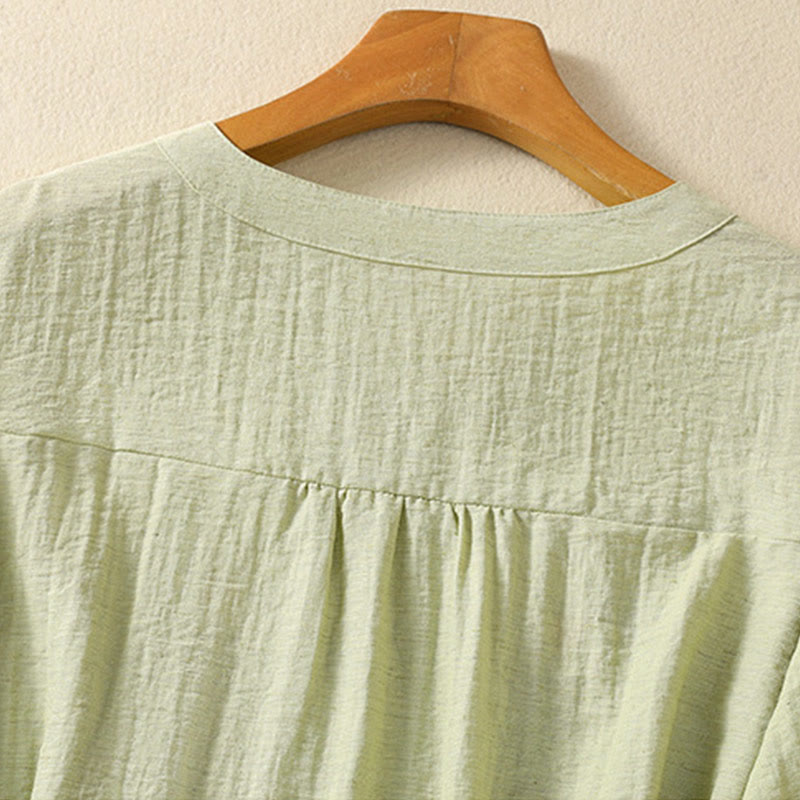 Buddha Stones Embroidery Flowers Leaves Cotton Women's V-neck Shirt