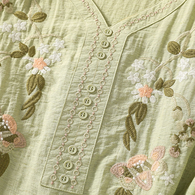 Buddha Stones Embroidery Flowers Leaves Cotton Women's V-neck Shirt