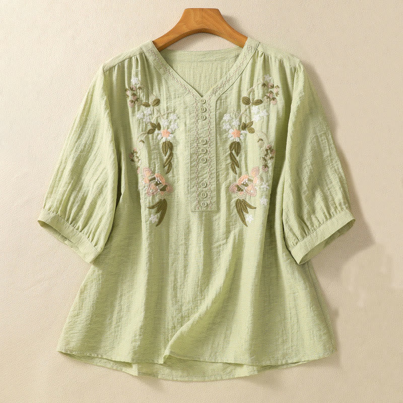 Buddha Stones Embroidery Flowers Leaves Cotton Women's V-neck Shirt