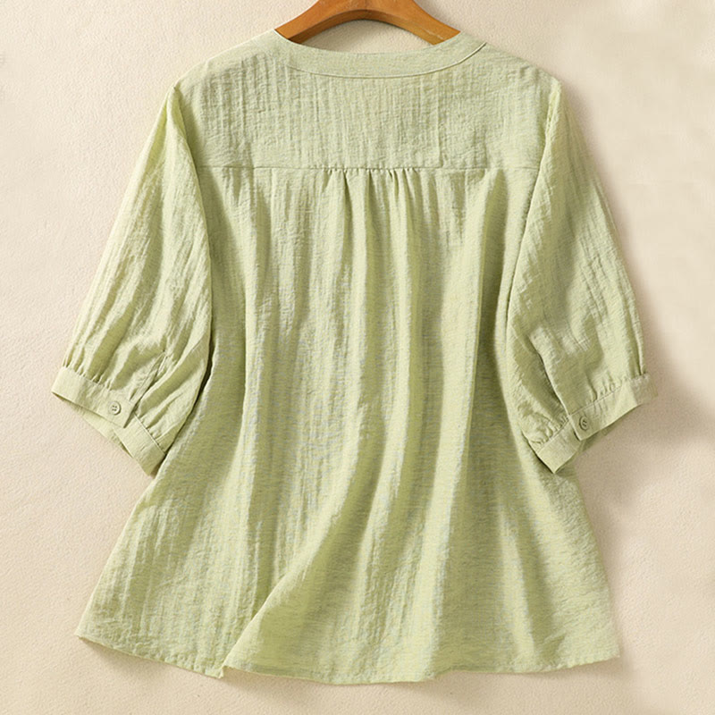 Buddha Stones Embroidery Flowers Leaves Cotton Women's V-neck Shirt