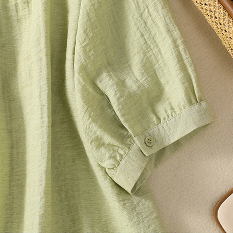 Buddha Stones Embroidery Flowers Leaves Cotton Women's V-neck Shirt