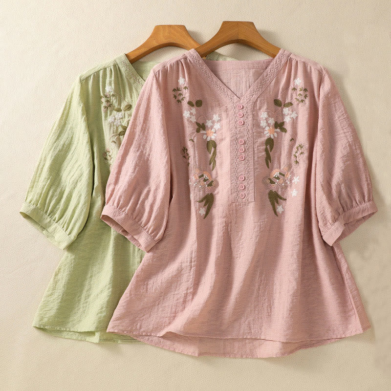 Buddha Stones Embroidery Flowers Leaves Cotton Women's V-neck Shirt