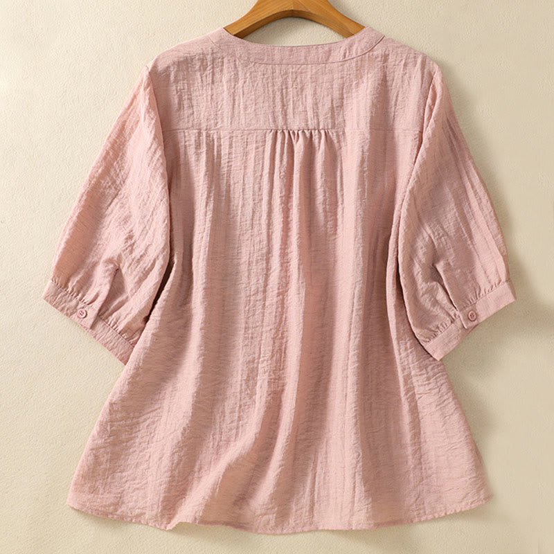 Buddha Stones Embroidery Flowers Leaves Cotton Women's V-neck Shirt