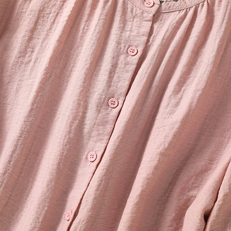 Buddha Stones Embroidery Design Cotton Button Women's Crew Neck Shirt