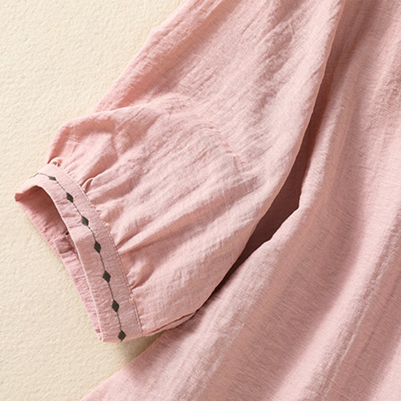 Buddha Stones Embroidery Design Cotton Button Women's Crew Neck Shirt