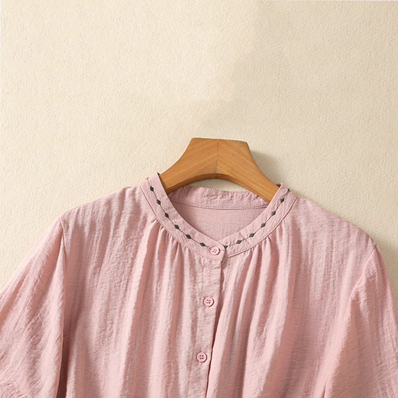 Buddha Stones Embroidery Design Cotton Button Women's Crew Neck Shirt