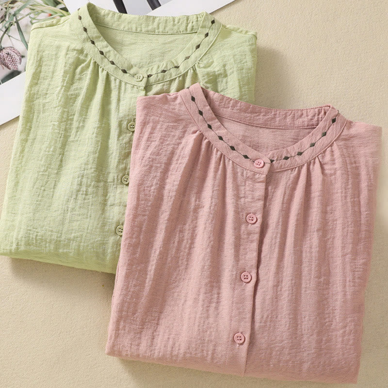 Buddha Stones Embroidery Design Cotton Button Women's Crew Neck Shirt