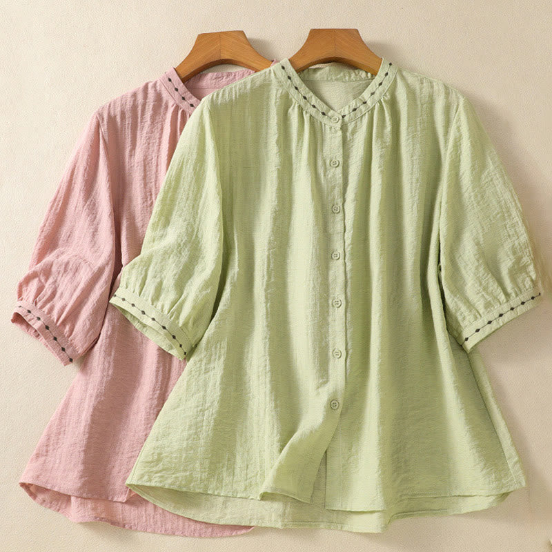 Buddha Stones Embroidery Design Cotton Button Women's Crew Neck Shirt