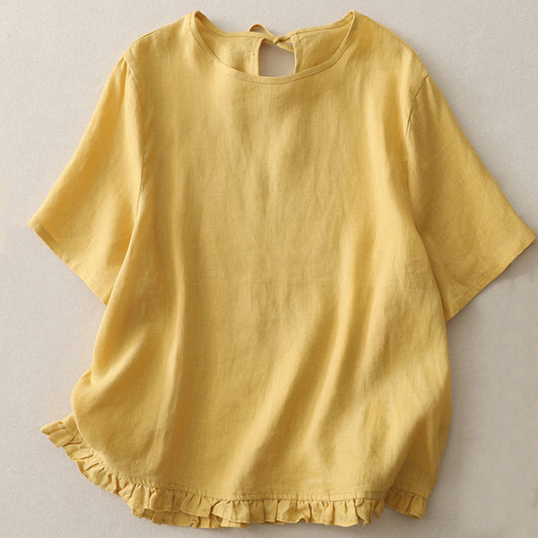 Buddha Stones Casual Plain Ruffled Hem Crew Neck Tie Women's Polyester T-shirt