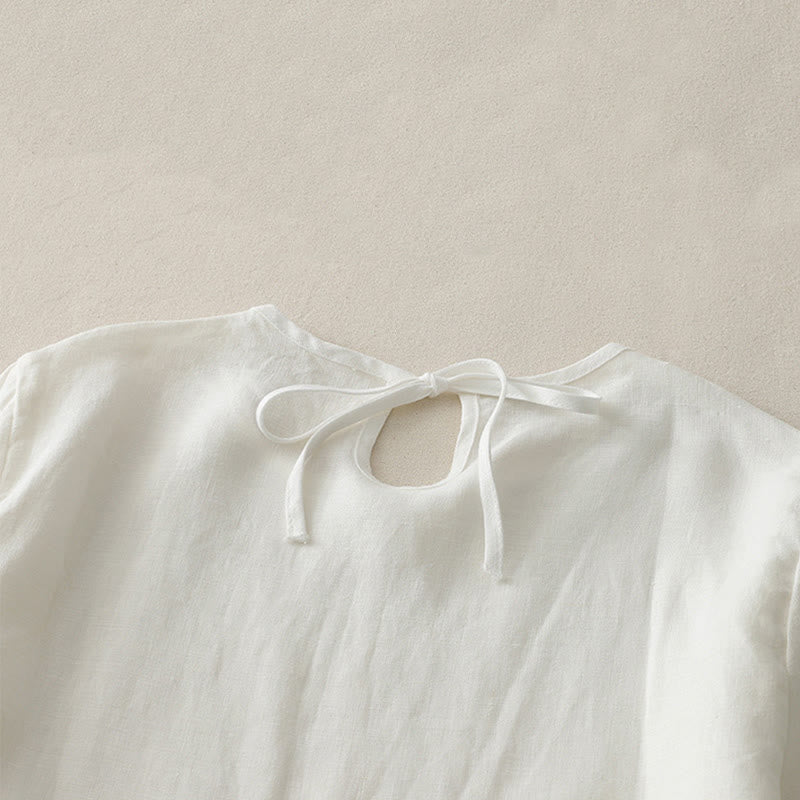 Buddha Stones Casual Plain Ruffled Hem Crew Neck Tie Women's Polyester T-shirt