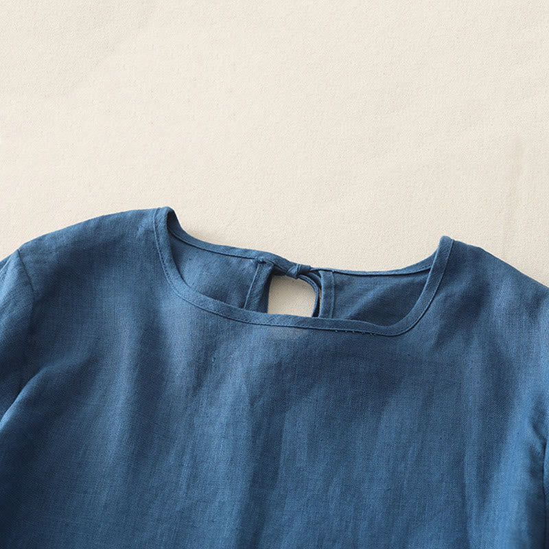 Buddha Stones Casual Plain Ruffled Hem Crew Neck Tie Women's Polyester T-shirt