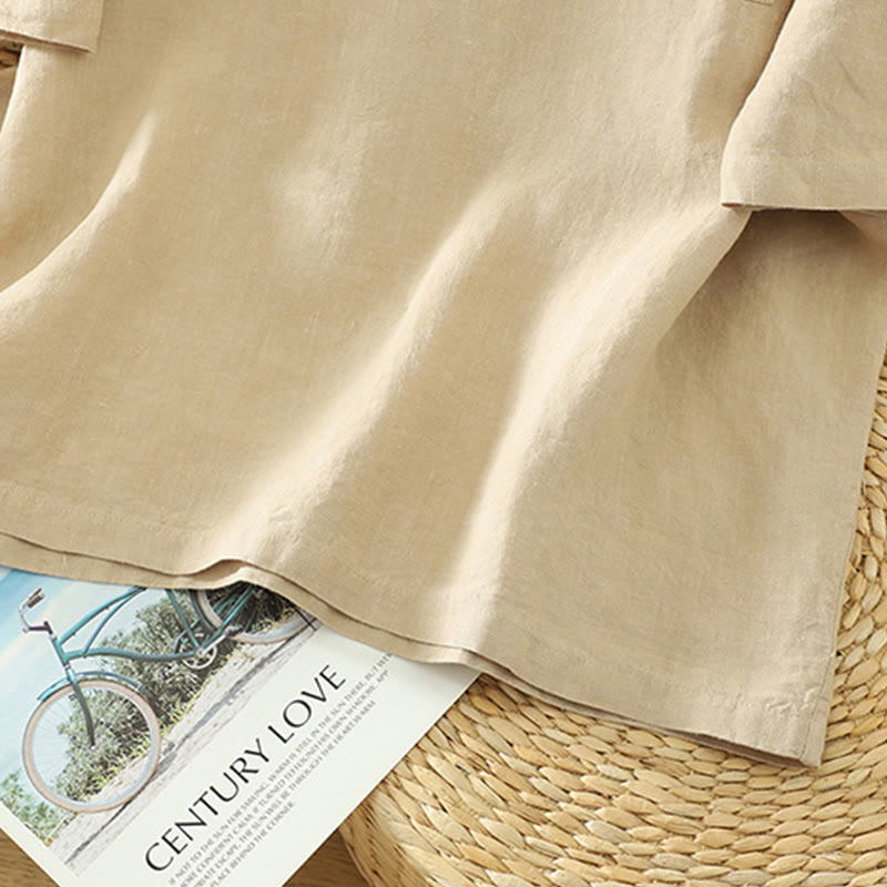 Buddha Stones Casual Plain Women's Cotton Linen V-Neck T-shirt With Pocket