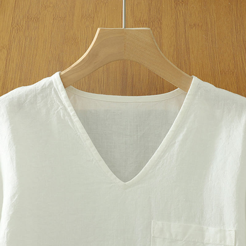 Buddha Stones Casual Plain Women's Cotton Linen V-Neck T-shirt With Pocket