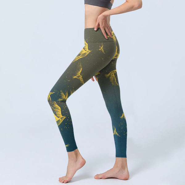 Buddha Stones Golden Flying Birds Print Gym Leggings Women's Yoga Pants