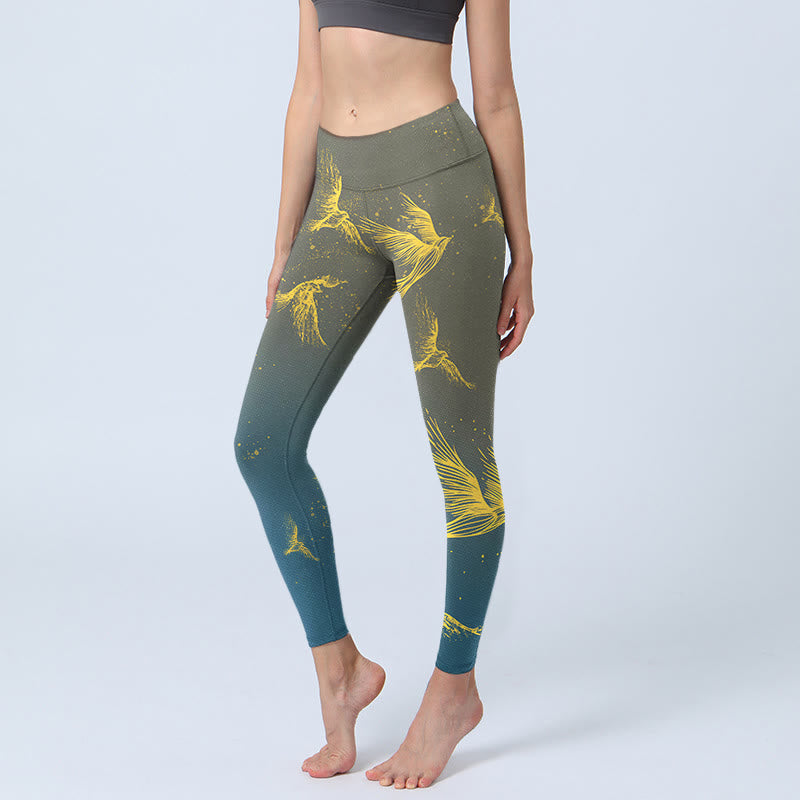 Buddha Stones Golden Flying Birds Print Gym Leggings Women's Yoga Pants