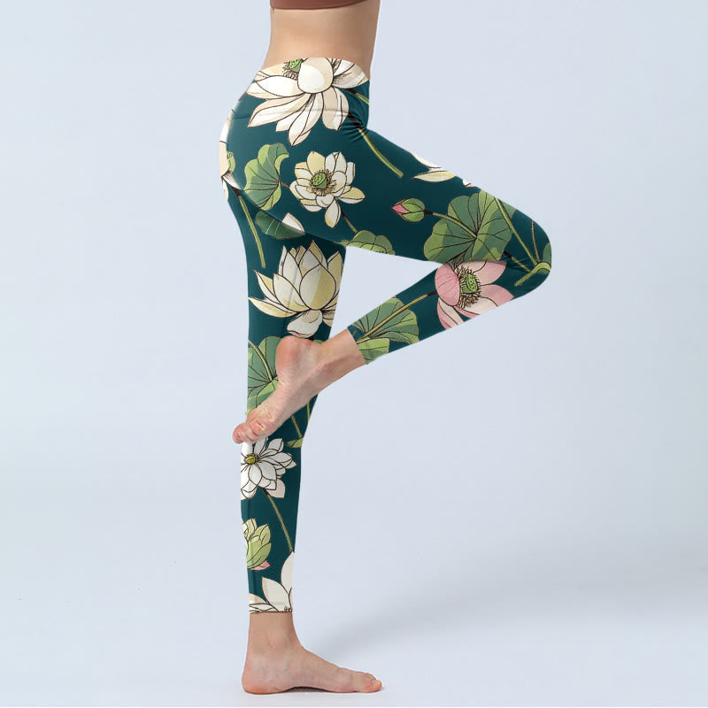 Buddha Stones Beige Pink Lotus Flowers Leaves Print Gym Leggings Women's Yoga Pants