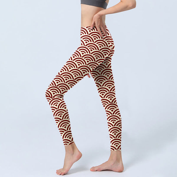 Buddha Stones Red Beige Fan Shapes Print Gym Leggings Women's Yoga Pants