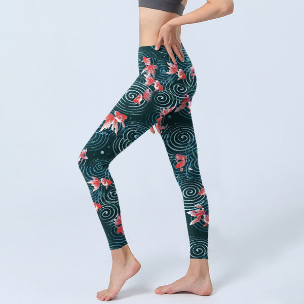 Buddha Stones Red Koi Fish Water Ripple Print Gym Leggings Women's Yoga Pants