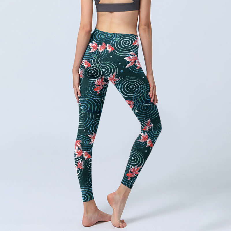Buddha Stones Red Koi Fish Water Ripple Print Gym Leggings Women's Yoga Pants