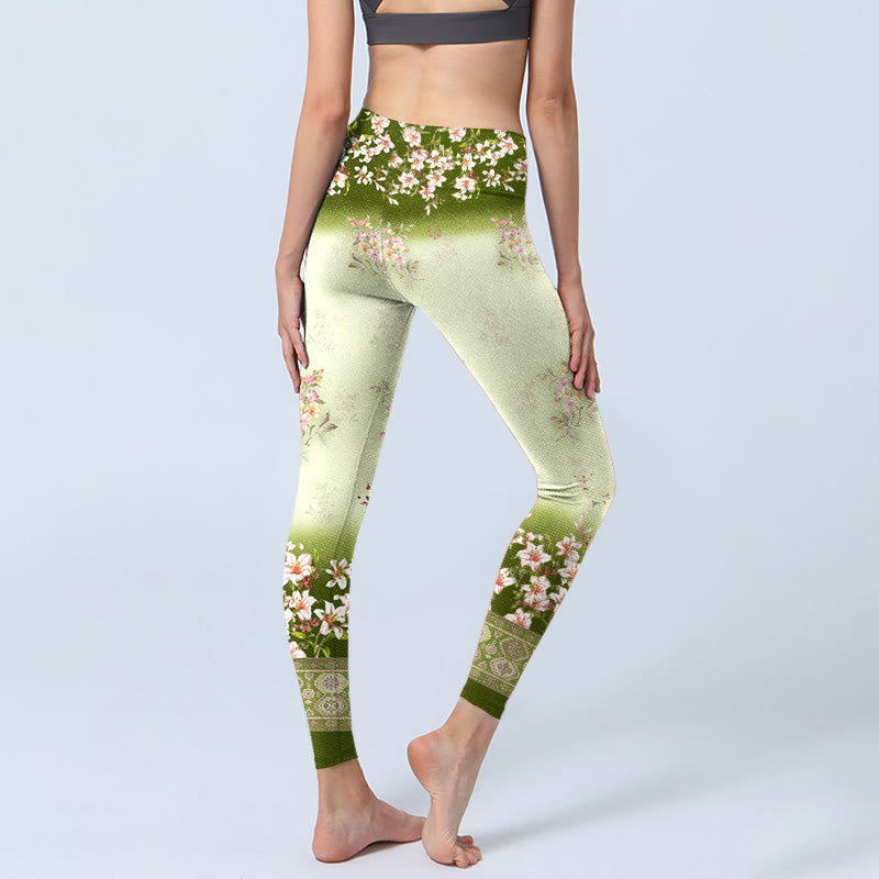 Buddha Stones Pink Flowers Green Leaves Print Gym Leggings Women's Yoga Pants