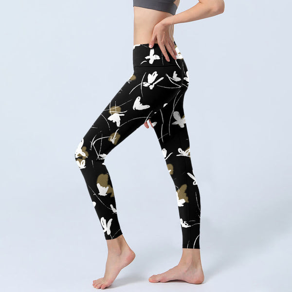 Buddha Stones White Butterflies Print Gym Leggings Women's Yoga Pants