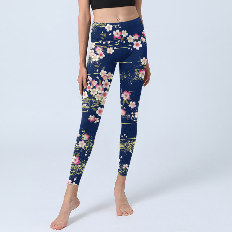 Buddha Stones Pink Magenta Flowers Green Leaves Print Gym Leggings Women's Yoga Pants