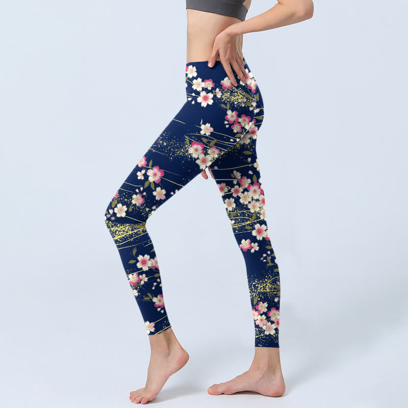Buddha Stones Pink Magenta Flowers Green Leaves Print Gym Leggings Women's Yoga Pants