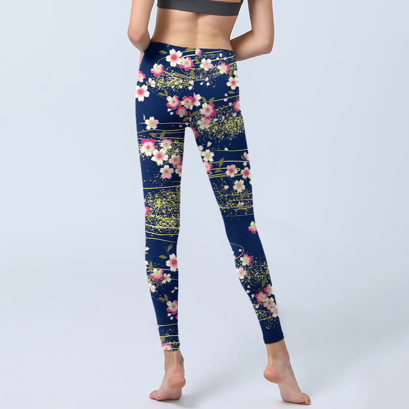 Buddha Stones Pink Magenta Flowers Green Leaves Print Gym Leggings Women's Yoga Pants