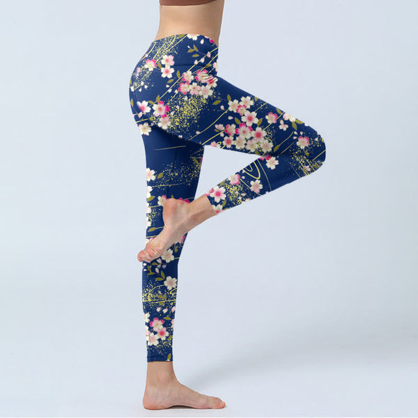 Buddha Stones Pink Magenta Flowers Green Leaves Print Gym Leggings Women's Yoga Pants
