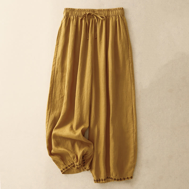 Buddha Stones Simple Embroidery 7-8 Length Cropped Women's Cotton Linen Harem Pants With Pockets