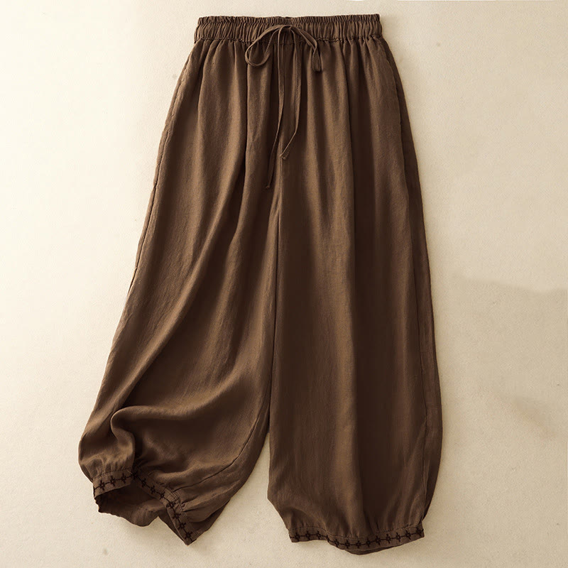 Buddha Stones Simple Embroidery 7-8 Length Cropped Women's Cotton Linen Harem Pants With Pockets
