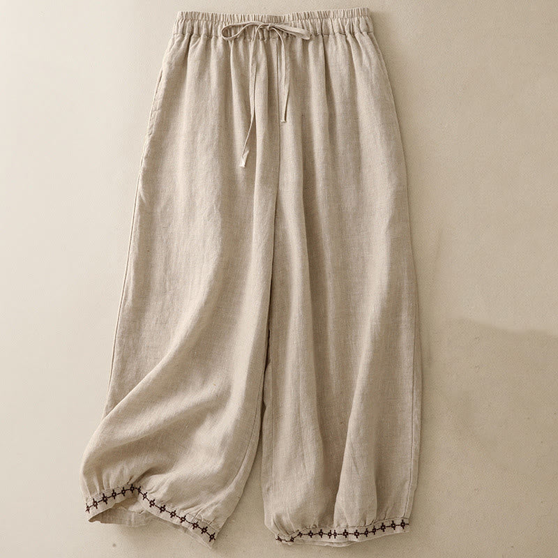 Buddha Stones Simple Embroidery 7-8 Length Cropped Women's Cotton Linen Harem Pants With Pockets