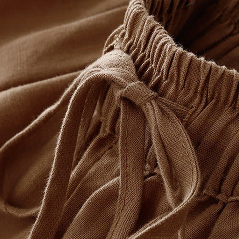 Buddha Stones Simple Embroidery 7-8 Length Cropped Women's Cotton Linen Harem Pants With Pockets