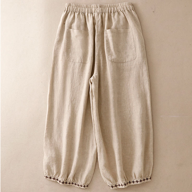 Buddha Stones Simple Embroidery 7-8 Length Cropped Women's Cotton Linen Harem Pants With Pockets