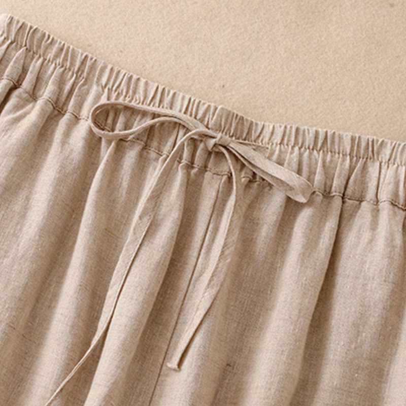 Buddha Stones Simple Embroidery 7-8 Length Cropped Women's Cotton Linen Harem Pants With Pockets