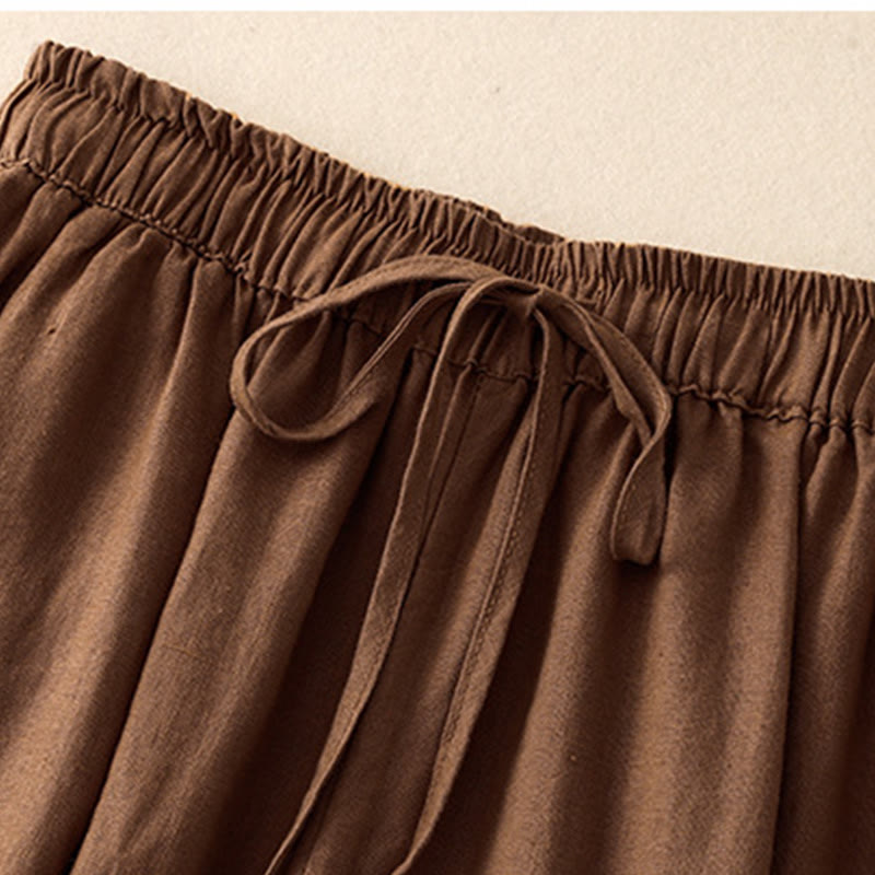 Buddha Stones Simple Embroidery 7-8 Length Cropped Women's Cotton Linen Harem Pants With Pockets