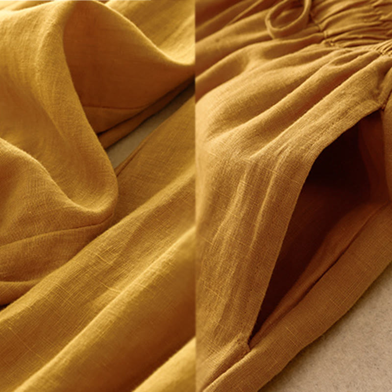 Buddha Stones Simple Embroidery 7-8 Length Cropped Women's Cotton Linen Harem Pants With Pockets