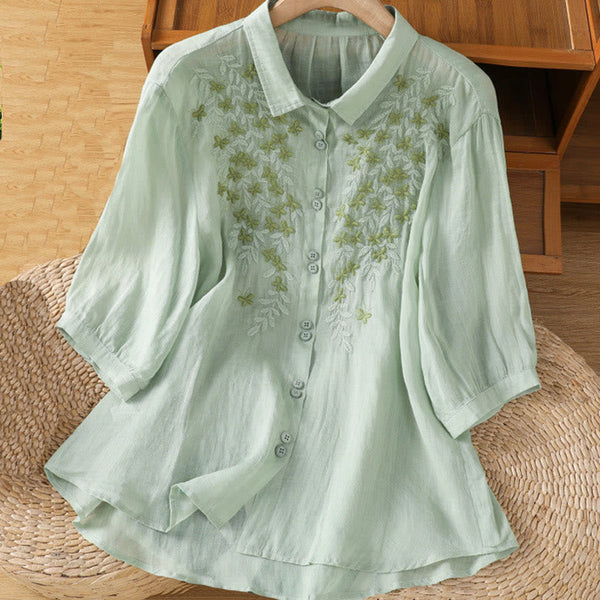 Buddha Stones Leaf Embroidery Cotton Buttons Half Sleeve Women's Shirt