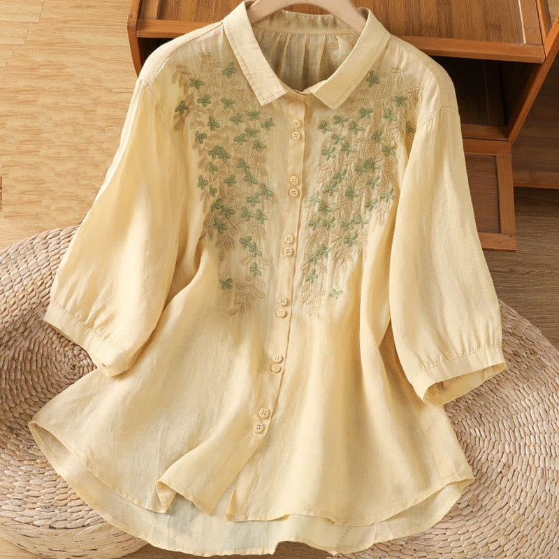 Buddha Stones Leaf Embroidery Cotton Buttons Half Sleeve Women's Shirt