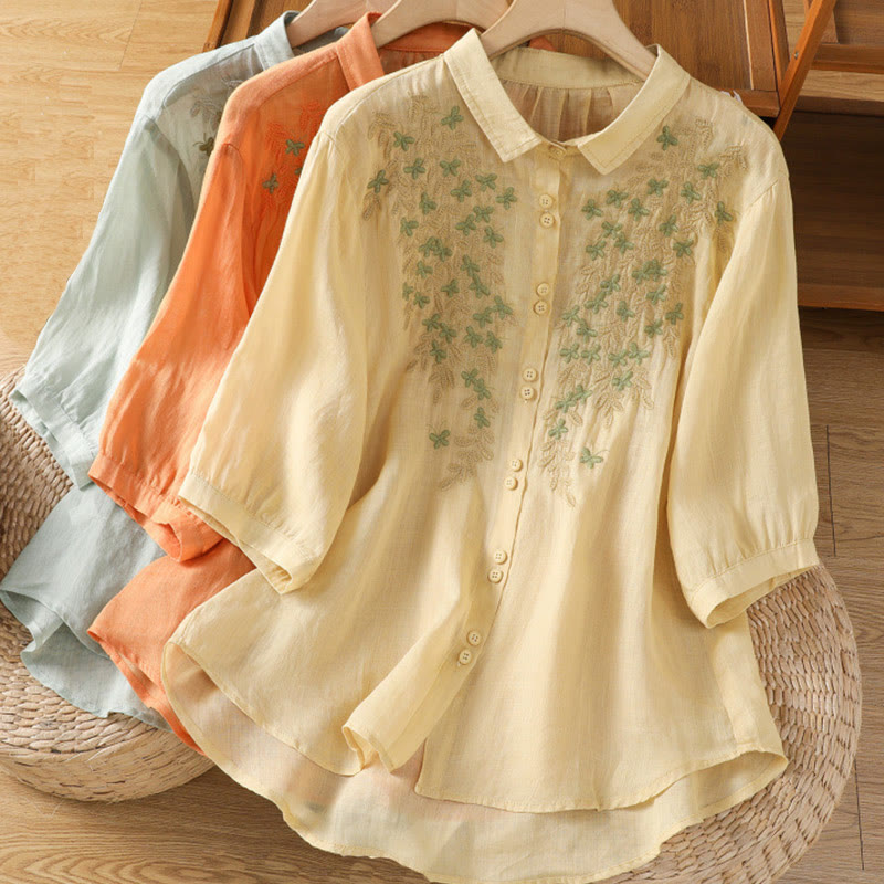 Buddha Stones Leaf Embroidery Cotton Buttons Half Sleeve Women's Shirt