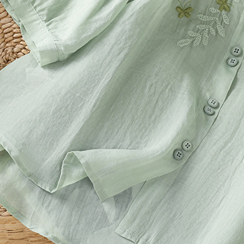 Buddha Stones Leaf Embroidery Cotton Buttons Half Sleeve Women's Shirt