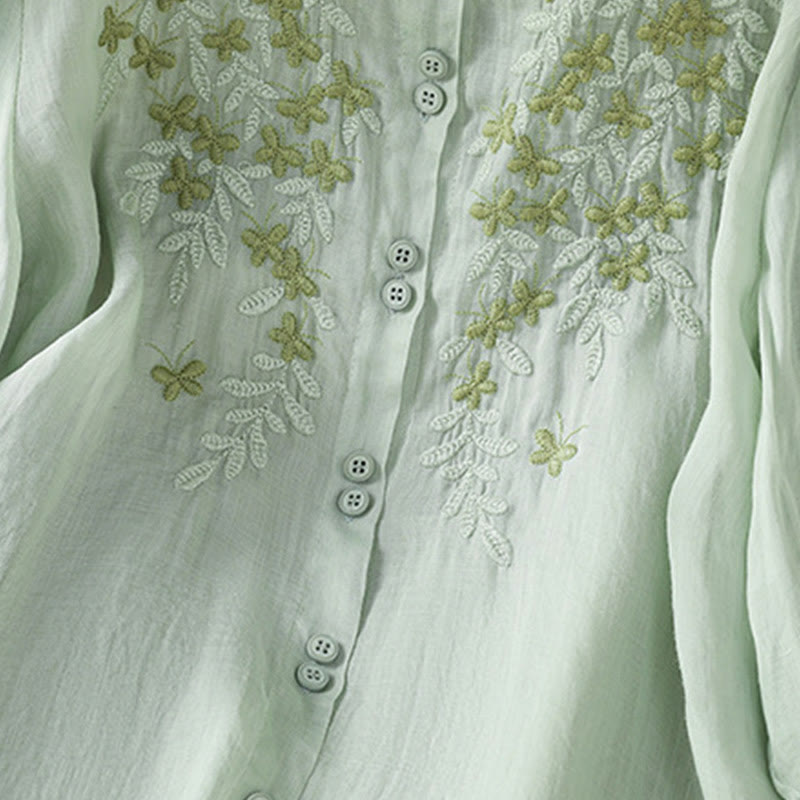 Buddha Stones Leaf Embroidery Cotton Buttons Half Sleeve Women's Shirt