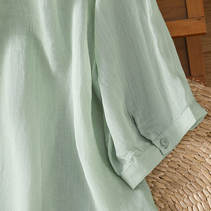 Buddha Stones Leaf Embroidery Cotton Buttons Half Sleeve Women's Shirt