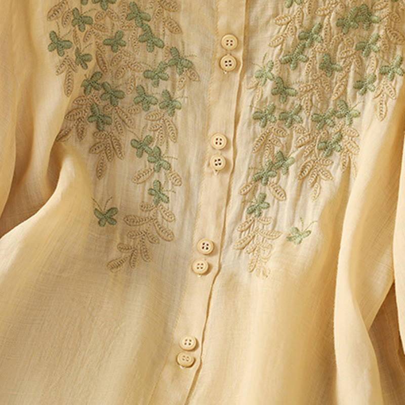 Buddha Stones Leaf Embroidery Cotton Buttons Half Sleeve Women's Shirt