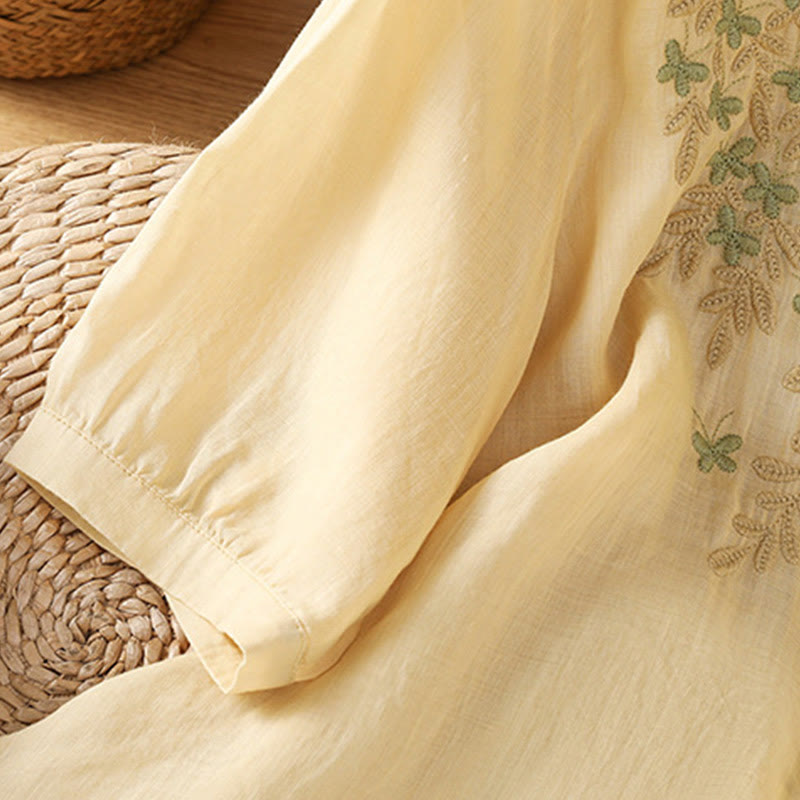 Buddha Stones Leaf Embroidery Cotton Buttons Half Sleeve Women's Shirt